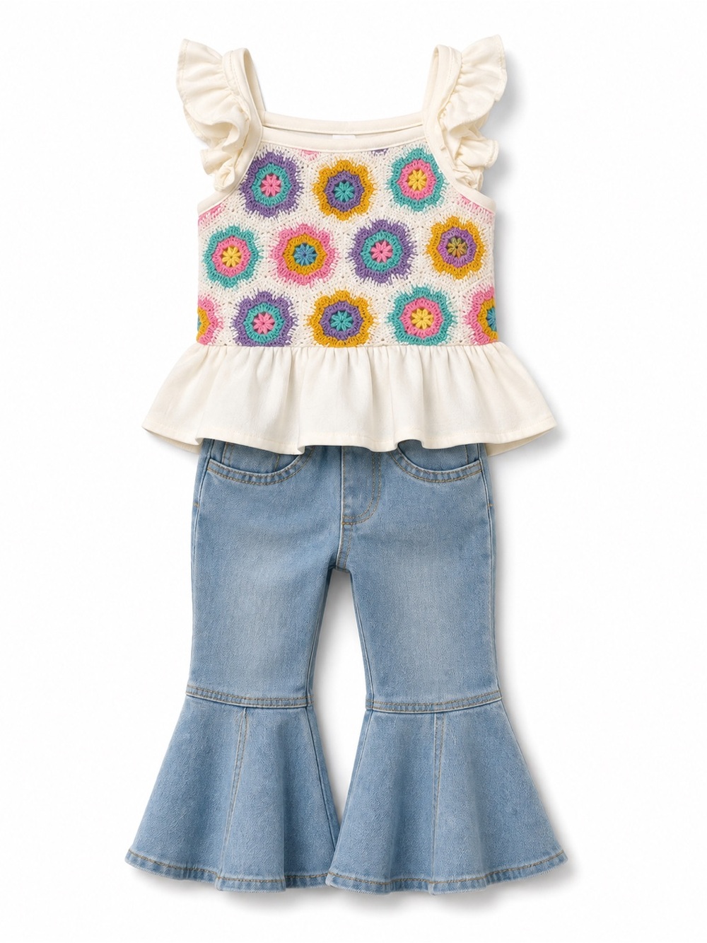 Little Girls Crochet Peplum Tank with Blue Denim Flared Jeans